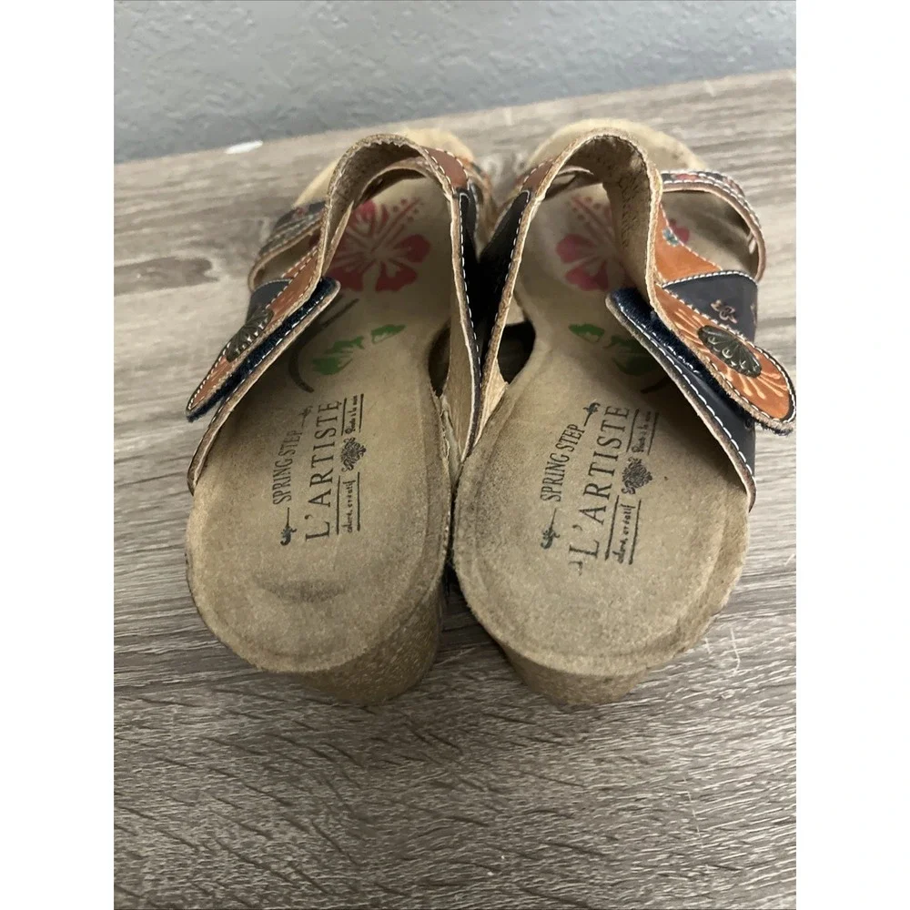 Spring Step LArtiste Sandals Womens 40 Navy Brown Jadora Floral Leather Wedge